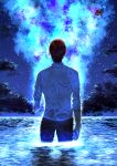  1boy amputee cloud commentary_request facing_away from_behind highres long_sleeves male_focus musasabiop night ocean one_piece outdoors shanks_(one_piece) shirt short_hair sky solo standing star_(sky) starry_sky wading water wet wet_clothes wet_shirt white_shirt 