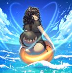  2022 absurd_res anthro beach black_body black_fur black_hair black_nose breasts brown_body brown_fur butt canid canine canis clothed clothing digital_media_(artwork) domestic_dog female fingers fur hair hi_res humanoid_hands inflatable inner_tube jenni_(jennibutt) looking_at_viewer looking_back looking_back_at_viewer mammal monokini multicolored_body multicolored_fur open_mouth open_smile pomeranian sea seaside shen_art signature smile solo spitz swimwear teeth two_tone_body two_tone_fur water 
