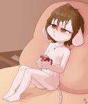  anthro bed beverage brown_hair container cup female fuf fur furniture hair half-closed_eyes hi_res ill mammal mouse murid murine narrowed_eyes navel nipples nude pillow pink_body pink_fur rodent solo 