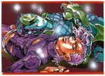  1boy 1other aqua_skin araki_hirohiko argyle_skin cleavage_cutout closed_eyes clothing_cutout colored_skin epitaph_(jojo) eyelashes freckles gloves green_gloves highres jojo_no_kimyou_na_bouken king_crimson_(stand) letterboxed lips long_sleeves lying male_focus monster official_art on_back orange_eyes pants purple_hair purple_sweater scan second-party_source solo stand_(jojo) sweater tongue tongue_out traditional_media turtleneck vento_aureo vinegar_doppio wavy_mouth white_pants 