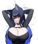  1girl animal_ears arms_up bangs black_choker black_shirt blue_eyes blue_hair blush breasts choker cleavage collarbone grin huge_breasts long_hair long_sleeves original parted_lips patreon_username reiko_(tofuubear) shirt smile solo teeth tofuubear upper_body 