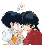  !? 1boy 1girl bandaid bandaid_on_face bandaid_on_nose black_hair blue_eyes blue_hair braid brown_eyes commentary_request eye_contact heart hetero holding_hands kis0w0 looking_at_another parted_lips puffy_short_sleeves puffy_sleeves ranma_1/2 saotome_ranma short_sleeves single_braid spoken_heart tendou_akane upper_body white_background 