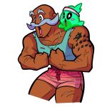  1boy 1other abs arm_tattoo artist_request bara beastmaster_(necrodancer) biceps blue_tank_top chest_hair collarbone dark-skinned_male dark_skin facial_hair flexing headband highres looking_to_the_side midriff muscular muscular_male mustache navel official_art open_mouth pectoral_cleavage pectorals pink_shorts rift_of_the_necrodancer scar scar_on_leg shorts slime_(substance) sparkling_eyes surprised tank_top tattoo veins veiny_arms whistle whistle_around_neck 
