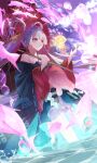  1girl absurdres blue_kimono cho_kaguya-hime! colored_inner_hair commentary_request crying crying_with_eyes_open fish flying_fish grey_eyes hair_ornament hair_rings hair_stick hand_up highres holding holding_umbrella japanese_clothes jellyfish kimono long_hair multicolored_hair off_shoulder oil-paper_umbrella open_mouth pink_hair red_umbrella runami_yachiyo shide solo tears toake_(user_affe3424) umbrella wading white_hair 