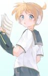 1boy bass_clef black_sailor_collar black_shorts blonde_hair blue_background blue_eyes blush commentary_request detached_sleeves from_side gradient_background headphones highres holding holding_paper kagamine_len looking_at_viewer male_focus mani_(manidrawings) musical_staff open_mouth paper parted_bangs ponytail sailor_collar shirt short_hair short_sleeves shorts sidelocks solo standing turning_head twitter_username vocaloid white_background white_shirt 