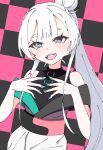  1girl absurdres black_background blue_eyes blue_nails checkered_background cho_kaguya-hime! commentary_request fang hands_on_own_chest highres long_hair nail_polish open_mouth pink_background runami_yachiyo shiox side_ponytail solo teeth upper_teeth_only white_hair 