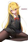  ... 1girl absurdres black_skirt blonde_hair blush bow bowtie collared_shirt don_quixote_(project_moon) highres limbus_company limbus_kindergarten_uniform long_hair nuo_bai pantyhose pleated_skirt project_moon red_bow red_eyes sancho_(project_moon) shirt simple_background skirt solo traditional_bowtie white_shirt 