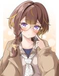  1girl anya_melfissa anya_melfissa_(indonesian_casual) blonde_hair blonde_streaks blouse blunt_bangs blush border braid brown_coat brown_hair check_commentary cheek_poking coat collarbone commentary_request double-parted_bangs eyewear_strap finger_to_cheek glasses gradient_background gradient_hair hand_up highres hololive hololive_indonesia jitome long_sleeves looking_at_viewer medium_hair mozya multicolored_hair necktie outside_border parted_lips pillarboxed poking print_necktie puffy_long_sleeves puffy_sleeves purple_eyes shirt side_braid solo straight-on streaked_hair trench_coat two-tone_hair upper_body virtual_youtuber white_border white_necktie white_shirt yellow-framed_eyewear 