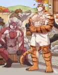  absurd_res anthro bulge canid canine claws countershade_face countershade_fur countershade_torso countershading felid fur group hi_res holding_object hot_spring knights_college male mammal muscular muscular_anthro muscular_male onsen pantherine striped_body striped_fur stripes tetae tiger towel towel_only water 