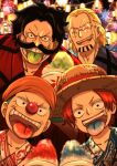 4boys beanie black_hair blonde_hair buggy_the_clown child clown_nose colored_tongue commentary_request facial_hair food gol_d._roger handlebar_mustache hat highres japanese_clothes looking_at_viewer male_focus mature_male multiple_boys musasabiop mustache one_piece open_mouth red_hair scar scar_across_eye scar_on_face shanks_(one_piece) shaved_ice silvers_rayleigh straw_hat summer_festival tongue tongue_out 