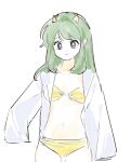  1girl 88_77k bikini collarbone commentary_request cone_horns green_hair horns korean_commentary long_hair looking_at_viewer lum navel open_clothes open_shirt pointy_ears shirt simple_background sleeves_past_fingers sleeves_past_wrists solo standing swimsuit swimsuit_under_clothes urusei_yatsura white_background white_shirt yellow_bikini 