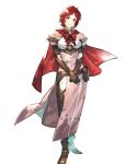  1girl bangs belt boots breasts capelet dress earrings elbow_gloves fire_emblem fire_emblem:_three_houses fire_emblem_heroes fire_emblem_warriors:_three_hopes full_body gloves highres jewelry long_dress medium_breasts monica_von_ochs non-web_source pants puffy_sleeves red_eyes red_hair short_hair solo taroji thigh_boots transparent_background 