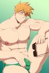 1boy abs absurdres artist_name bara biceps blonde_hair bulge covered_nipples crotch_grab eddlayer feet_out_of_frame green_(pokemon) green_background highres large_pectorals male_focus male_swimwear male_underwear manly mature_male muscular muscular_male nipples pectorals pokemon pokemon_(game) short_hair signature simple_background sitting solo spiked_hair spread_legs sunglasses swim_briefs underwear yellow_eyes 