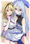  2girls amakaze16 black_dress black_hairband blonde_hair blush breasts closed_mouth commentary_request dress frilled_dress frilled_sleeves frills grey_hair hair_between_eyes hair_ornament hairband highres long_hair long_hair_between_eyes medium_breasts multiple_girls open_mouth ribbon_around_body shell shell_hair_ornament sitting sitting_on_lap sitting_on_person sleeveless sleeveless_dress smile touhou turtleneck turtleneck_dress very_long_hair watari_nina white_dress yellow_eyes yuiman_asama yuri 
