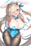  1girl :d animal_ears aqua_bow aqua_bowtie aqua_eyes aqua_leotard arm_behind_back asuna_(blue_archive) asuna_(bunny)_(blue_archive) bangs bare_shoulders black_pantyhose blonde_hair blue_archive bow bowtie breasts brown_hair cleavage commentary_request covered_navel cowboy_shot detached_collar dot_nose elbow_gloves fake_animal_ears forehead gloves hair_ornament hair_over_one_eye hair_ribbon halo hand_up highleg highleg_leotard highres large_breasts leotard long_hair mole mole_on_breast no_bra nyas0123 official_alternate_costume open_mouth pantyhose parted_bangs playboy_bunny ribbon sagging_breasts shadow signature simple_background smile solo strapless strapless_leotard teeth thigh_gap tongue upper_teeth very_long_hair white_background white_gloves 