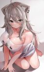  absurdres ahoge all_fours animal_ears bare_shoulders blush breasts cleavage closed_mouth collarbone grey_eyes grey_hair hair_between_eyes hair_ornament higashigure highres hololive large_breasts long_hair looking_at_viewer off_shoulder shirt shishiro_botan short_sleeves solo thighs virtual_youtuber white_shirt 
