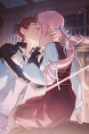  1boy 1girl alternate_universe black_jacket blush book book_focus book_stack breasts brown_vest emiya_shirou fate/stay_night fate_(series) floating floating_book floating_object french_kiss gaoyue_jixiang groom hair_ornament hand_on_another's_face highres jacket kiss library long_hair long_sleeves momomiya_shizuku_(gaoyue_jixiang) oc_x_canon open_clothes open_jacket orange_hair original pastels pink_eyes red_hair shirt too_many too_many_books too_many_papers vest white_jacket 