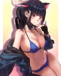  1girl absurdres animal_ears bangs bare_shoulders bikini black_gloves black_hair blue_archive blue_bikini blush breasts cat_ears cleavage collarbone commentary_request fingerless_gloves gloves hair_ornament hairclip highres jacket kazusa_(blue_archive) large_breasts long_hair looking_at_viewer mask mask_pull mouth_mask multi-strapped_bikini navel off_shoulder open_clothes pisik red_eyes sitting solo stomach string_bikini swimsuit thighs 