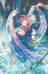  1girl bangs barefoot_sandals blue_shirt blue_veil chain cropped_shirt dancer dancing detached_sleeves from_above genshin_impact highres holding_cloth horns jwijaya_art looking_to_the_side nilou_(genshin_impact) open_hands parted_lips red_hair shirt solo space star_(sky) veil water 