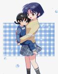  1boy 1girl :d aged_down black_hair blue_background blue_eyes blue_hair blue_overalls blue_skirt blush_stickers braid brown_eyes carrying carrying_person closed_mouth dot_mouth highres mio_(melchi) open_mouth overalls plaid_background plaid_clothes plaid_skirt ranma_1/2 saotome_ranma short_hair single_bare_foot single_braid skirt smile sweater tendou_akane yellow_sweater 