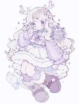  1girl :o \||/ antlers blonde_hair blue_eyes blush boots brown_boots commentary commission full_body fur-trimmed_boots fur-trimmed_skirt fur_trim hand_up heterochromia highres horns kneehighs long_hair long_sleeves open_mouth original purple_eyes purple_shirt purple_socks ribbed_socks shirt simple_background skirt sleeves_past_wrists socks solo sparkle upache watermark white_background white_skirt 
