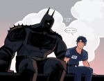  2boys back_spikes bat_mask batman batman_(absolute_dc) batman_(series) batman_symbol belt black_cape bodysuit cape commentary dc_comics dick_grayson english_commentary father_and_child father_and_son flyingdidii grey_bodysuit highres male_focus multicolored_bodysuit multiple_boys parent_and_child superhero_costume taut_bodysuit two-tone_bodysuit utility_belt 