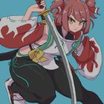  1girl :/ black_bodysuit blue_background bodysuit bow breasts closed_mouth clothing_cutout commentary detached_sleeves dot_nose foot_out_of_frame green_ribbon hair_ribbon highres holding holding_sword holding_weapon homura_hime homura_hime_(game) katana long_sleeves looking_at_viewer medium_breasts mockssita red_hair red_ribbon red_sleeves ribbon ribbon_trim shoes short_hair short_twintails side_cutout sideless_kimono sideless_outfit sidelocks simple_background solo squatting sword twintails two-tone_sleeves two_side_up v-shaped_eyebrows weapon white_shoes white_sleeves wide_sleeves yellow_bow 
