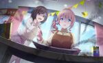  2girls blue_eyes brown_eyes brown_hair colorful_palette game_cg hair_ornament hair_scrunchie highres holding holding_pencil jewelry looking_at_viewer mochizuki_honami multiple_girls musical_note necklace official_art open_mouth pencil pink_skirt pleated_skirt project_sekai scrunchie shaded_face shinonome_ena side_ponytail skirt suki_wo_egaite_rainbow_canvas_(project_sekai) sweatdrop sweater tearing_up third-party_source tongue white_sweater yellow_sweater 