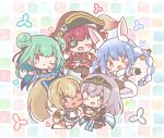  >_o 5girls :d ;d ^_^ animal_ear_fluff animal_ears bicorne black_gloves black_shoes blue_dress blue_hair blue_sleeves blush bow braid breasts brown_leotard brown_pantyhose brown_thighhighs carrot_hair_ornament chibi cleavage cleavage_cutout closed_eyes clothing_cutout commentary_request detached_sleeves double_bun dress elf eyepatch fang food-themed_hair_ornament fur-trimmed_dress fur-trimmed_gloves fur_trim gloves green_hair hair_bow hair_bun hair_ornament hair_ribbon hat headpiece highres hololive hololive_fantasy houshou_marine houshou_marine_(1st_costume) jacket large_breasts leotard leotard_under_clothes long_sleeves mitarashi_neko multicolored_hair multiple_girls one_eye_closed open_clothes open_jacket pantyhose parted_lips pleated_skirt pointy_ears ponytail rabbit_ears red_eyes red_hair red_jacket red_skirt ribbon shiranui_flare shiranui_flare_(1st_costume) shirogane_noel shirogane_noel_(1st_costume) shoes simple_background skirt sleeveless sleeveless_jacket sleeves_past_fingers sleeves_past_wrists smile thighhighs twin_braids twintails two-tone_hair uruha_rushia uruha_rushia_(1st_costume) usada_pekora usada_pekora_(1st_costume) virtual_youtuber white_background white_dress white_hair white_thighhighs 