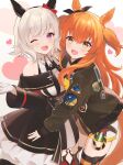  2girls animal_ears bare_shoulders black_hairband blush bomber_jacket bow breasts brown_ribbon coat commentary_request crop_top curren_chan_(fille_eclair)_(umamusume) curren_chan_(umamusume) dog_tags dress ear_bow ear_covers ear_ribbon gloves green_jacket grey_hair hairband heart highres horse_ears horse_girl horse_tail jacket kkokko long_hair long_sleeves looking_at_viewer mayano_top_gun_(scramble_zone)_(umamusume) mayano_top_gun_(umamusume) medium_breasts multiple_girls off-shoulder_coat off-shoulder_dress off-shoulder_jacket off_shoulder one_eye_closed open_clothes open_jacket open_mouth orange_hair orange_tail purple_eyes red_bow red_thighhighs ribbon shirt short_hair shorts smile striped_clothes striped_dress tail thighhighs two_side_up umamusume vertical-striped_clothes vertical-striped_dress white_gloves white_shorts yellow_shirt 