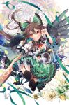  1girl bird_wings black_wings bow breasts cape chest_jewel feathered_wings frills garter_straps green_bow green_skirt hair_bow highres long_hair red_eyes reiuji_utsuho skirt solo starry_sky_print thighhighs touhou toutenkou weapon white_cape wings 