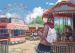  3girls absurdres amusement_park backpack bag brown_hair carousel extra ferris_wheel gaai hair_between_eyes hand_up highres hood hoodie looking_at_viewer looking_back medium_hair miniskirt multiple_girls original outdoors ponytail red_eyes skirt solo_focus standing upper_body 