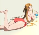  1girl ass asuna_(sao) bikini bracelet braid brown_eyes brown_hair cup drinking_glass drinking_straw feet_up jewelry long_hair looking_at_viewer looking_back lying on_stomach puge red_bikini short_ponytail side-tie_bikini_bottom simple_background solo swimsuit sword_art_online toes 