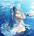  1girl :3 absurdres ahoge animal aqua_eyes aqua_hair bangs breasts bubble choker closed_mouth commentary_request detached_sleeves dot_nose dress forehead frilled_choker frilled_skirt frills gem green_ribbon hair_ornament hair_ribbon hatsune_miku highres large_breasts long_hair looking_at_viewer mermaid miku_with_you_(vocaloid) monster_girl ocean outdoors own_hands_together panda pearl_(gemstone) pink_ribbon ribbon scales shadow shell_hair_ornament skirt smile solo star_(symbol) strapless strapless_dress twintails very_long_hair vocaloid wading white_dress white_sleeves whyingre 