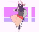  abstract_background anthro black_body black_fur bottomwear bovid bovine cattle cigarette clothing famir_(artist) front_view fur grey_clothing grey_topwear hooves horn male mammal pink_horn reflection smile solo tan_bottomwear tan_clothing teeth topwear white_body white_fur 