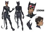  1girl animal_ear_helmet animal_helmet batman_(series) biting_own_lip black_bodysuit black_choker black_eyeliner bodysuit brown_eyes cat_helmet catwoman character_name chest_harness choker claws dc_comics earrings eyebrow_piercing eyeliner eyeshadow face_piercing fake_claws fake_tail freckles from_behind from_side goggles goggles_on_head green_eyes harness holding_fake_tail holster jewelry lips looking_to_the_side makeup marvel marvel_rivals marvel_rivals_(style) multiple_views nose piercing purple_eyeshadow reference_sheet short_hair simple_background skcd_loen tail thick_eyebrows thigh_holster white_background zipper_footwear 
