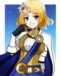  aegisasu belt blonde_hair blue_eyes blue_sash braid cape circlet commission commissioner_upload fire_emblem fire_emblem_warriors flower gloves hair_flower hair_ornament hairpin highres lianna_(fire_emblem) sash short_hair skirt smile sunflower sunflower_hair_ornament tiara 