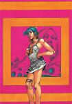  1girl araki_hirohiko blue_hair bow curly_hair dress dress_bow earrings funny_valentine gloves grey_dress hair_bow hand_on_own_hip highres jewelry jojo_no_kimyou_na_bouken lucy_steel official_alternate_costume official_art orange_background orange_bow pink_background purple_gloves scan second-party_source short_dress short_hair solo steel_ball_run thigh_strap traditional_media tree 