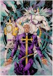  1boy aqua_belt belt blank_eyes cassock clock clockwork dark-skinned_male dark_skin english_commentary enrico_pucci enrico_pucci_(new_moon) facial_hair feathers high_collar highres holding holding_reins horse jojo_no_kimyou_na_bouken low_ponytail made_in_heaven_(stand) male_focus painting_(medium) ponytail priest purple_robe reins robe stand_(jojo) stone_ocean traditional_media watercolor_(medium) white_eyes white_hair xfkart 