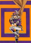  1boy absurdres araki_hirohiko ball beard belt bridal_gauntlets brown_belt brown_cape brown_eyes brown_lips cape cowboy_hat facial_hair goggles goggles_on_headwear grey_hair grey_pants grey_sleeves gyro_zeppeli hat highres holding holding_ball holster jojo_no_kimyou_na_bouken jojo_pose long_hair male_focus official_alternate_costume official_art orange_background pants parted_lips purple_background purple_bridal_gauntlets purple_hat purple_shirt purple_sleeves scan second-party_source shirt shoe_soles short_sleeves solo spurs steel_ball_(jojo) steel_ball_run studded_belt studded_pants traditional_media two-tone_sleeves 