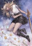  1girl black_dress black_footwear blonde_hair boots closed_mouth commentary commission constellation dress english_commentary final_fantasy final_fantasy_xv flower highres holding holding_sword holding_weapon jacket jewelry layered_dress lips long_hair looking_at_viewer lying petals pink_lips purple_eyes sao_(saowee) short_sleeves signature solo stella_nox_fleuret sword weapon white_flower white_jacket 