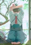  1girl archery barefoot black_hakama blue_skirt branch commentary_request day facing_away feet from_behind green_hair hair_bun hakama hakama_skirt highres indoors japanese_clothes kendo_mask kimono kyuudou leaf long_sleeves mask original ruda_(ruda_e) sitting skirt solo sunlight tatami toes tree tying_hair white_kimono 