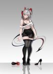  1girl :/ absurdres arknights bare_shoulders black_bra black_choker black_shorts bra breasts casual choker cleavage cropped_shirt demon_girl demon_horns demon_tail expressionless full_body hair_ornament hairclip high_heels highleg_shorts highres horns layton_(sanlayton) legs looking_at_viewer medium_breasts medium_hair multicolored_hair navel off-shoulder_shirt off_shoulder red_hair shirt shorts slit_pupils solo tail thigh_gap thighhighs thighs tiptoes two-tone_hair underwear w_(arknights) white_hair white_shirt yellow_eyes 