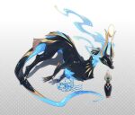 2019 anubis_(mythology) black_fur black_mask bottle claws commentary_request creature creature_focus dated dog_mask egyptian_mythology fog gradient_background grey_background long_body long_neck long_pointy_ears long_tail maruneko mask multicolored_fur no_humans no_pupils original pointy_ears tail three-toned_fur very_long_ears very_long_tail 