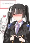  2girls absurdres alternate_hairstyle black_hair blush commentary_request dmc_tales2006 epaulettes heart heaven_burns_red highres index_fingers_together marshmallow_(site) military_uniform multiple_girls natsume_inori neck_ribbon ogasahara_hisame red_ribbon request_inset ribbon shirt sweatdrop twintails wavy_mouth white_shirt 