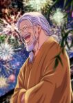  1boy aerial_fireworks beard commentary_request facial_hair fireworks glasses hands_in_opposite_sleeves happy highres japanese_clothes kimono long_sleeves male_focus musasabiop mustache_stubble old old_man one_piece open_mouth orange_kimono outdoors round_eyewear silvers_rayleigh solo stubble 