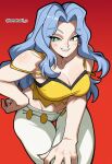  1girl absurdres bare_arms bare_shoulders blue_eyes blue_hair breasts camisole capri_pants cleavage crop_top hand_on_own_hip highres karen_(pokemon) komatsuki_n long_hair looking_at_viewer midriff pants parted_bangs pokemon pokemon_heartgold_and_soulsilver red_background shirt smile spaghetti_strap wavy_hair white_pants yellow_camisole 
