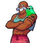  1boy 1other abs arm_tattoo artist_request bald bara beastmaster_(necrodancer) biceps blue_tank_top chest_hair collarbone crossed_arms dark-skinned_male dark_skin facial_hair grin headband highres looking_to_the_side midriff muscular muscular_male mustache navel official_art pectoral_cleavage pectorals pink_shorts rift_of_the_necrodancer scar scar_on_arm shorts slime_(substance) smile tank_top tattoo whistle whistle_around_neck 