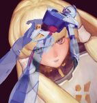  1girl absurdres big_hair blonde_hair blue_eyes blue_lips commentary dianna_soreil drill_hair gundam highres lipstick long_hair makeup mecha mobile_suit mrdog_2000 projected_inset robot science_fiction turn_a_gundam turn_a_gundam_(mobile_suit) untranslatable_commentary 