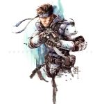  1boy bandana brown_hair english_commentary facial_hair gloves gun headband highres holding holding_gun holding_knife holding_weapon knife looking_at_viewer male_focus marcwashere metal_gear_(series) metal_gear_solid short_hair simple_background sneaking_suit solid_snake solo weapon 